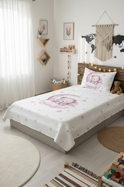 Evmila Ayda Yatan Ayı Desenli, Baskılı Tek Kişilik ve Çocuk Pike Takımı