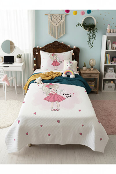 Evmila Kız ve Kedi Desenli, Baskılı Tek Kişilik ve Çocuk Pike Takımı