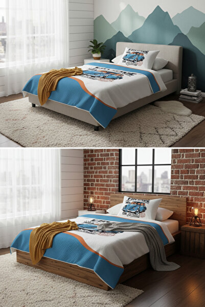 Evmila Tosbağa Araba Desenli Genç Ve Çocuk Baskılı Tek Kişilik Pike Takımı 16...