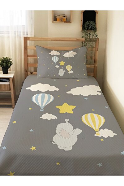 Evmila Fil Ve Uçan Balon Desenli Bebek Ve Çocuk Baskılı Tek Kişilik Pike Takımı 160x230 Gri