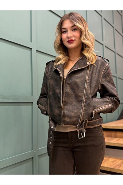 PIQUE Kolları Uzun,Kemer Detaylı,Fermuarlı Kruvaze Yaka, Eskitme Model  Suni ...