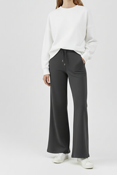 Elemge Pamuklu Kadın Eşofman Altı Yüksek Bel Antrasit Gri Flare Fit Geniş Paça Ipli Cepli Esnek Yumuşak