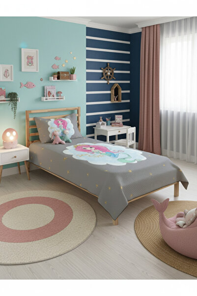 Evmila Deniz Kızı Desenli Tek Kişilik Pike Takımı 160x230 Gri