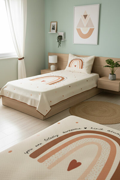 Evmila Gökkuşağı Desenli Bebek Ve Çocuk Baskılı Tek Kişilik Pike Takımı 160x2...