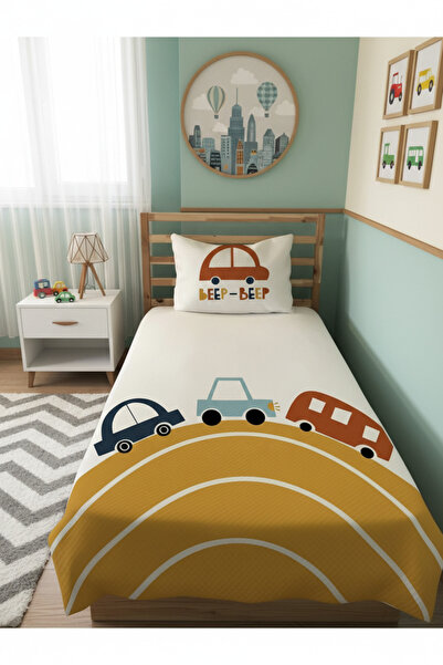 Evmila Oyuncak Araba Desenli Bebek Ve Çocuk Baskılı Tek Kişilik Pike Takımı 1...