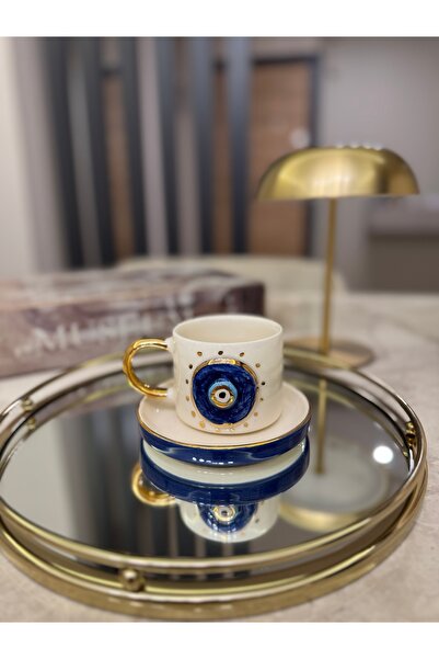 NL ATÖLYE 24 Ayar Altın Detaylı, Mavi Enerji Nazar Konsept, %100 El Yapımı Seramik Türk Kahvesi Fincanı