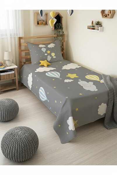Evmila Fil Ve Uçan Balon Desenli Bebek Ve Çocuk Baskılı Tek Kişilik Pike Takımı 160x230 Gri