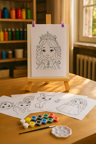 Edu&Hobby Çocuk Sanat Atölyesi Etkinlik Seti - Karakterli Boyama Kağıtları - Mini Şövale ve Tuval Boyama Seti