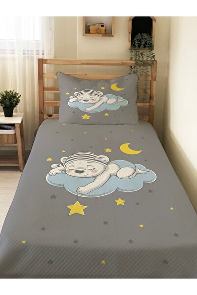 Evmila Uykucu Ayıcık Desenli Bebek Ve Çocuk Baskılı Tek Kişilik Pike Takımı 160x230 Gri