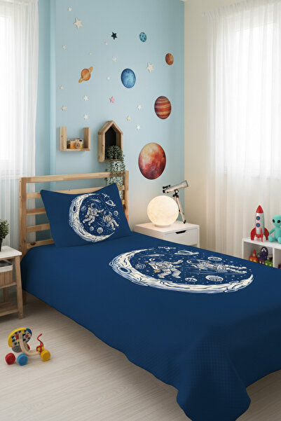 Evmila Uzay Temalı Tek Kişilik Pike Takımı 160x230 Mavi