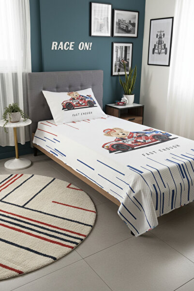 Evmila Yarışcı Teddy Desenli, Baskılı Tek Kişilik ve Çocuk Pike Takımı