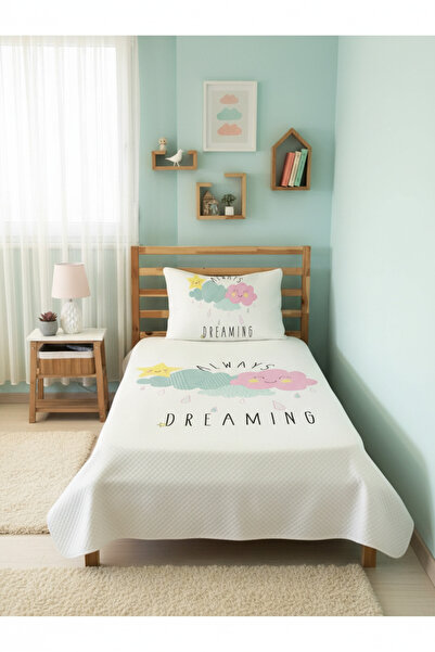 Evmila Renkli Bulut Desenli Bebek Ve Çocuk Baskılı Tek Kişilik Pike Takımı 16...