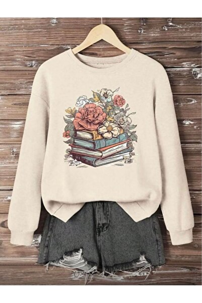 herkesemoda Книга і квітка Друк Детальний велосипедний комір з флісовою підкладкою Світшот