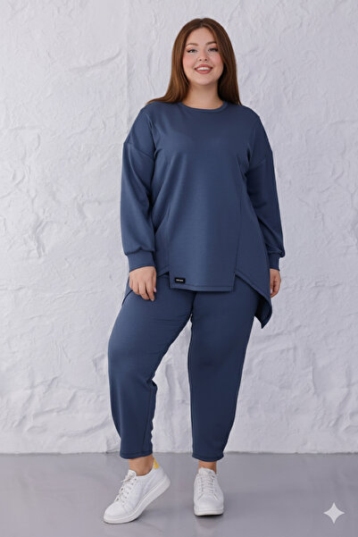 MAG FASHİON Plus Size Tracksuit Anthracite Asymmetrical Posture Pants with Pleated Detail Oşho Fabric-1
