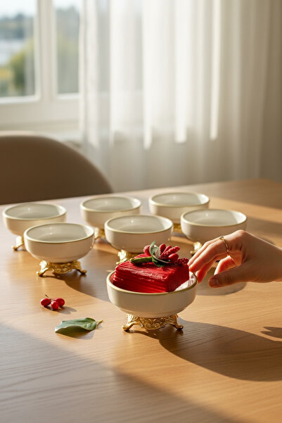 EVSTYLE Ayaklı Porselen Lokumluk 6'lı - Gold Ayak