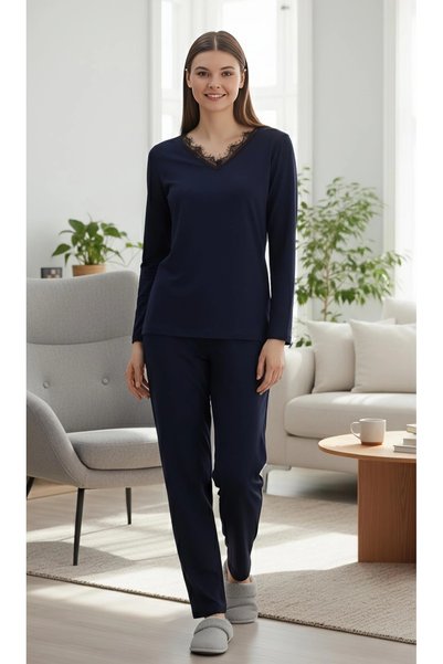 ÇAĞ MODA Viscose Knitted Lace V-Neck Long Sleeve Women's Pajamas Set