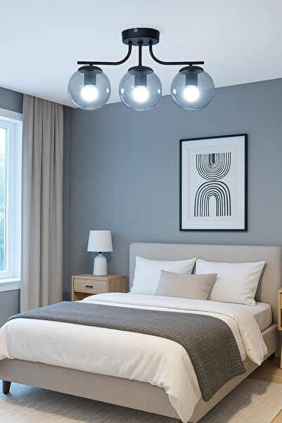 Uçar Lora Modern Tasarım Salon Mutfak Yatak Odası Giyinme Odası Siyah Renk Camlı 3 lü Avize