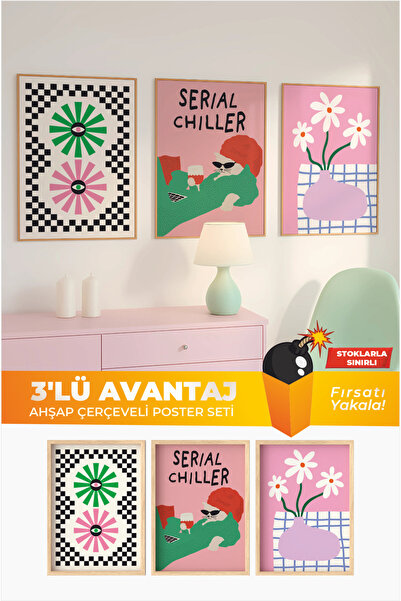 MIOVI 3’lü Ahşap Çerçeveli Poster Seti – Renkli Retro Chill Tablo Koleksiyonu...