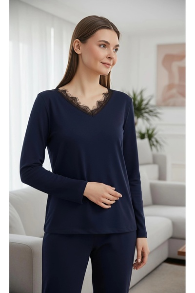 ÇAĞ MODA Viskon Örme Dantelli V Yaka Uzun Kollu Kadın Pijama Takımı