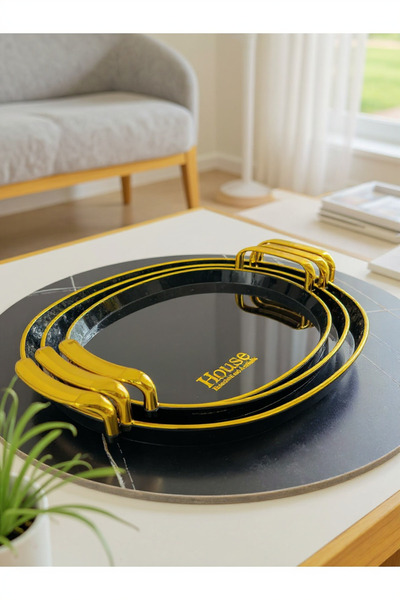 Living 3-piece tabasi set, elegant black color with golden handles.