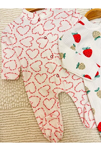 VANİLLİA Organic 100% Cotton Heart and Strawberry Printed 2-Piece Romper Set Newborn Set Newborn Romper