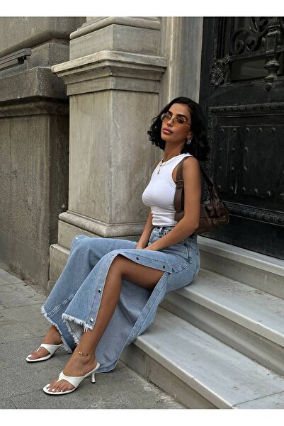 MADAME MELEK Pantaloni de blugi cu picioare largi, cu detalii snap-on, de la ...