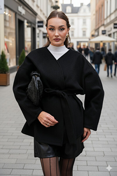 MAG FASHİON Баглама Детальний Зручний Крій Каше Кожен Пальто Куртка