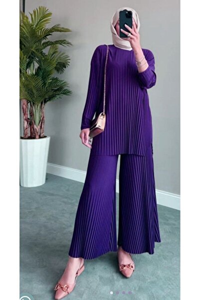 modamira Kadın Mor Sandy 2li Komple Piliseli Tesettür Ikili Pantolonlu Takım
