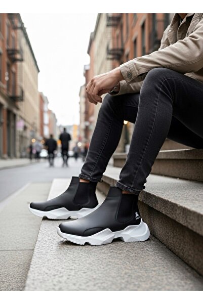 BESKAR BA0444 Botine sport pentru bărbați, fără șireturi, confortabile, cu talpă înaltă, cu talpă neagră, albă