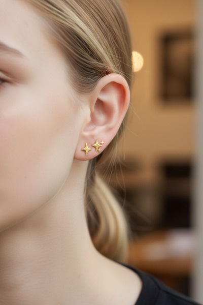 RÜZGARBİJÜTERİ Zarif Minik Yıldız Çelik Küpe - Gold Renk