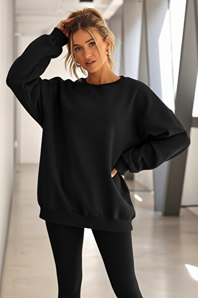 GUARAZ Μαύρο γυναικείο φούτερ με λαιμόκοψη Oversize με εσωτερικό φλις χοντρό και μαλακή υφή Basic