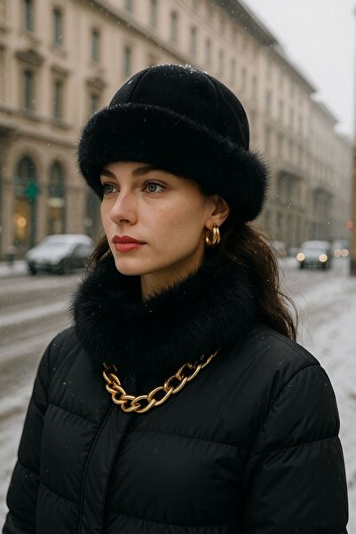 BALIENTE Pălărie neagră de pluș cu blană artificială pentru femei