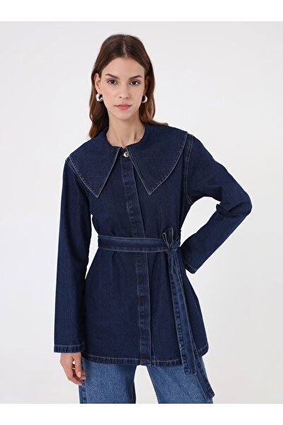 Refka Denim Bebe Yaka Kemerli Ceket - Açık Lacivert -