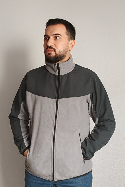 Butik Unisex Gri-Lacivert Anti-pilling Tüylenme Yapmayan Standart Fit Tam Fermuarlı Soğuk Geçirmez Polar