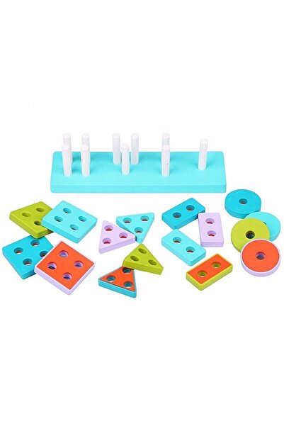 TOYFEST Eğitici Ahşap Geometrik Şekiller Renkli Tak Çıkar Blok Oyuncak Seti Motor Beceri Geliştirici 28x7cm