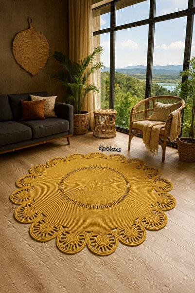 Epolaxs jüt hasır görünümlü halı yuvarlak halı, bohem tarz kilim, salon oturm...