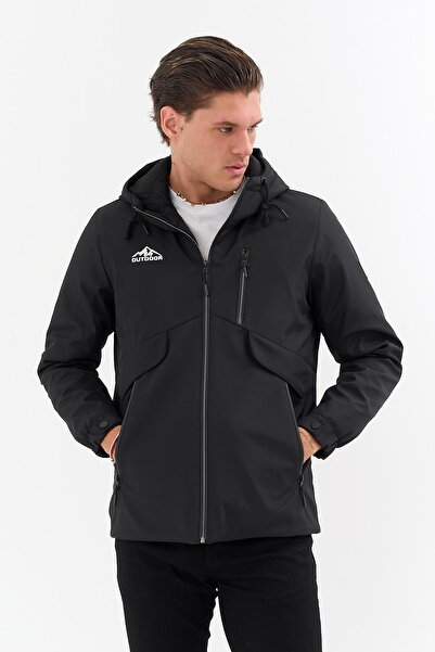 SİVAİST Men's Black Outdoor Water Repellent Hooded Coat – Windproof, Lightweight, and Durable