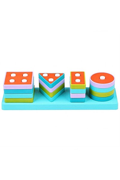 TOYFEST Eğitici Ahşap Geometrik Şekiller Renkli Tak Çıkar Blok Oyuncak Seti Motor Beceri Geliştirici 28x7cm