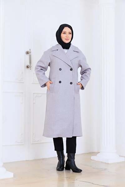 Eliva Women's Gray Stylish Elegant Thick Imported Cashmere Trench Coat Overcoat Double-Breasted Hijab Coat