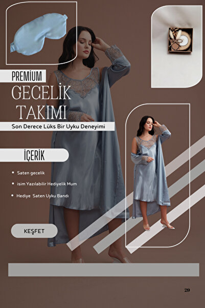 Fallen Lux Toz Mavi Dantelli Saten Gecelik Sabahlık Takımı | Mum + Uyku Bandı Hediyeli Lüks Set