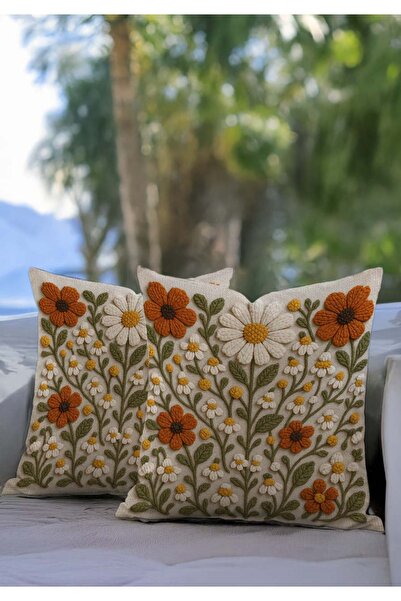 Pillow Home مجموعة من قطعتين من أغطية وسائد مطبوعة رقمية بمظهر مطرز باللون البرتقالي والأصفر والأبيض