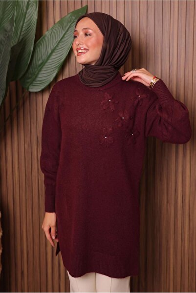 TRENDTESETTÜR Women's Burgundy Stone-Detail Tricot Tunic t 1207