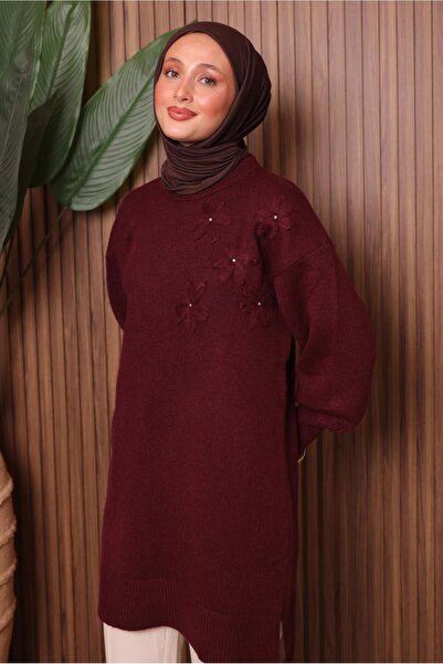 TRENDTESETTÜR Women's Burgundy Stone-Detail Tricot Tunic t 1207