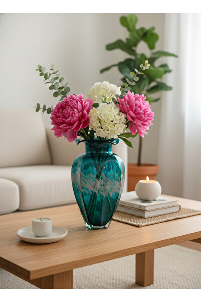 Living Glass Vase with Ribbed Design in Turquoise Color, Size 14*27 cm