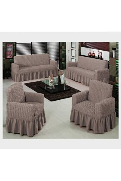 ARTUÇ Bürümcük Pamuklu (3-2-1-1) Koltuk Kanepe Örtüsü Takımı Etekli (AÇIK KAHVE RENK)