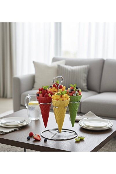 EW 4-piece colorful porcelain cups, hospitality and elegance set - conical design with metal display stand.