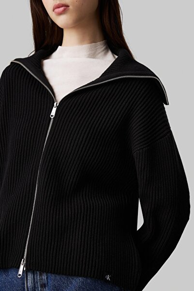 Calvin Klein Chunky Women's Cardigan Women's Loose Fit Zippered Turn-Down Collar Sweatshirt Black