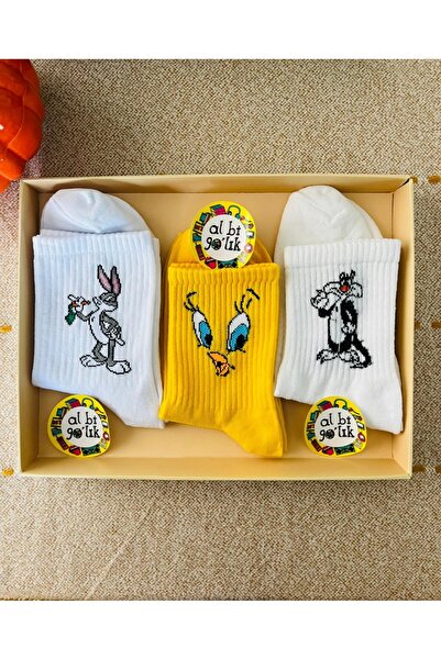 AL Bİ 90LIK 3 Pack Bugs Bunny, Sylvester and Tweety Patterned College Set Socks