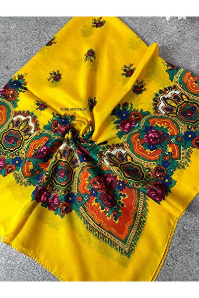 Sobe Hediyelik Mardin Yazması Sarı Zeminde Çiçek Desenli Başörtüsü100x100 cm ...