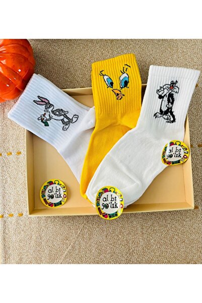 AL Bİ 90LIK 3 Pack Bugs Bunny, Sylvester and Tweety Patterned College Set Socks